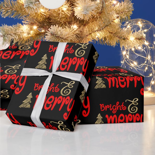 Papier Cadeau Bright Merry Typographie Rouge Black Gold Noël (Vacances)