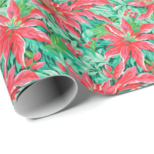 Papier Cadeau Bright Palm Beach Noël Poinsettia Aquarelle