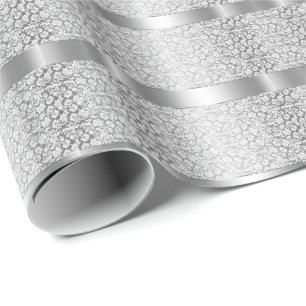 Papier Cadeau Brillant en argent rayures blanc Damas