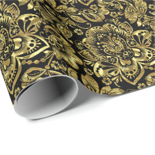 Papier Cadeau Brillant Or Baroque Floral Damas Sur Blanc