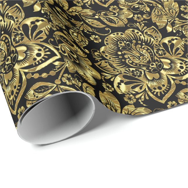 Papier Cadeau Brillant Or Baroque Floral Damas Sur Blanc (Coin rond)