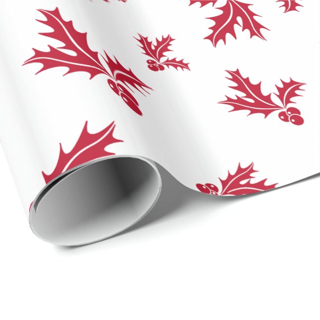 Papier Cadeau Brin rouge des baies et du feuille de houx (Coin rond)