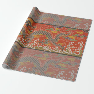 Papier Cadeau Brocade satinée rouge avec dragon chinois nuageux