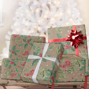 Papier Cadeau Broches Rustiques Kraft Green Holly Berries & Spru