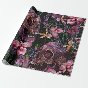 Papier Cadeau Broderie crâne humain et fleurs d'orchidées roses 