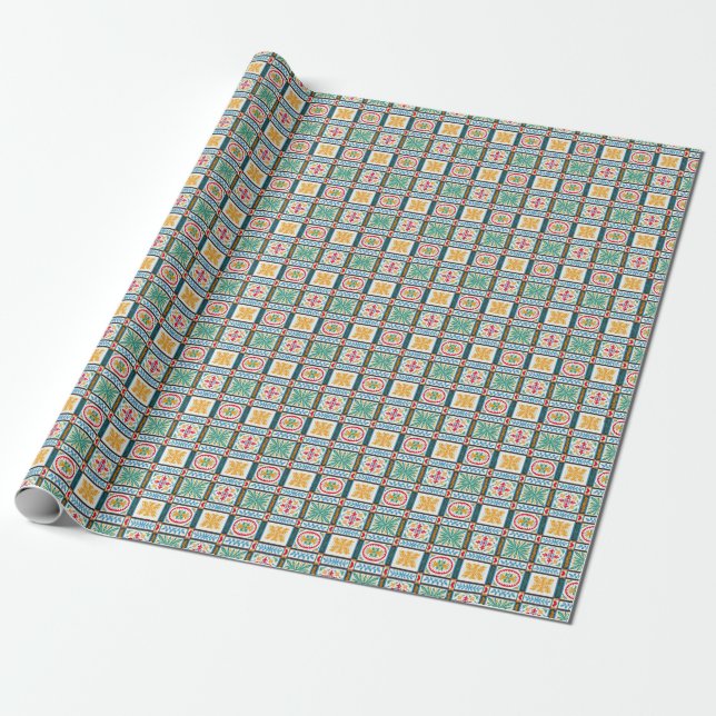 Papier Cadeau Broderie italienne Majolica : Floral méditerranéen (Déroulé)