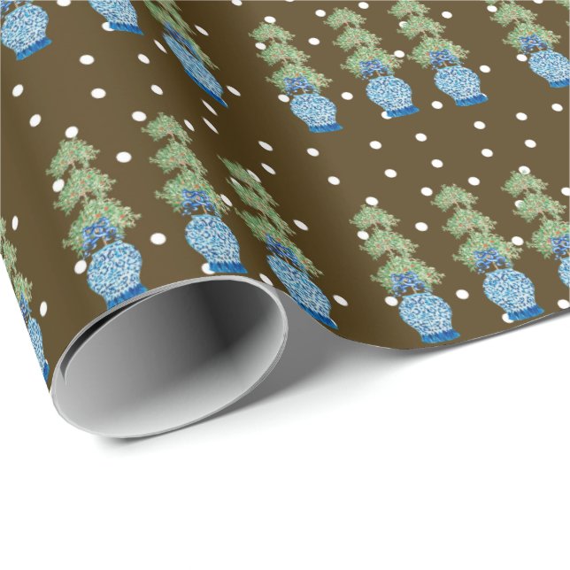 Papier Cadeau Brown Blue Chinoiserie Orange Topiary (Coin rond)
