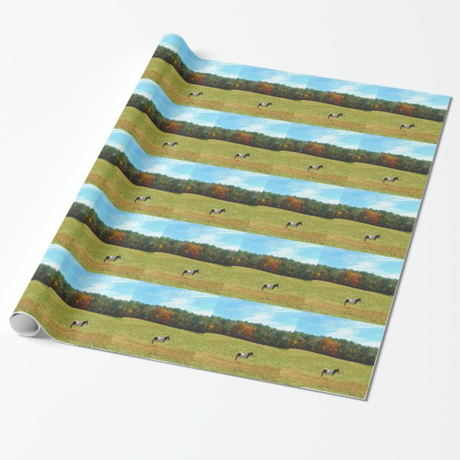 Papier Cadeau Brown & cheval blanc, arbres d'automne, ciel bleu (Déroulé)