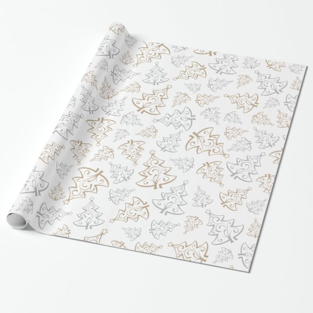 Papier Cadeau Brown et Argent Elegant Arbres de Noël Motif (Déroulé)