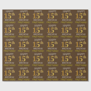 Papier Cadeau Brown, Faux Gold "HAPPY 15th BIRTHDAY"