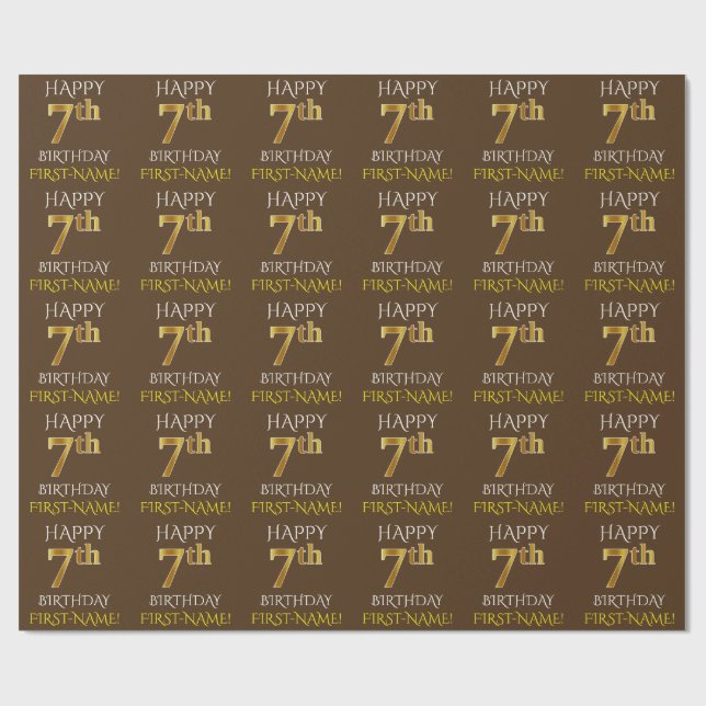 Papier Cadeau Brown, Faux Gold "HAPPY 7th BIRTHDAY" (Plat)
