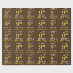 Papier Cadeau Brown, Faux Gold "HAPPY 9th BIRTHDAY"