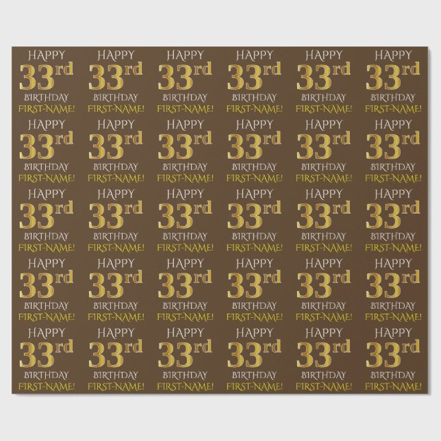 Papier Cadeau Brown, Faux Gold "HEUREUX 33e anniversaire" (Plat)