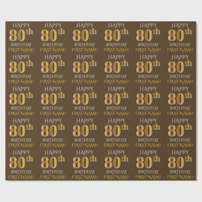 Papier Cadeau Brown, Faux Gold "HEUREUX 80e ANNIVERSAIRE" (Plat)