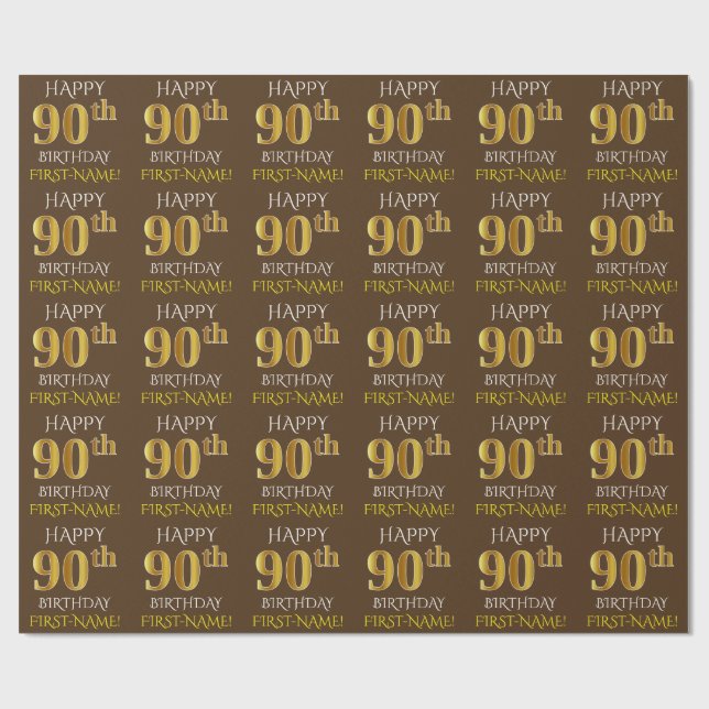 Papier Cadeau Brown, Faux Gold "HEUREUX 90e ANNIVERSAIRE" (Plat)