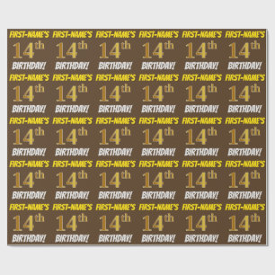 Papier Cadeau Brown, Faux/Imitation Gold, "14e anniversaire"
