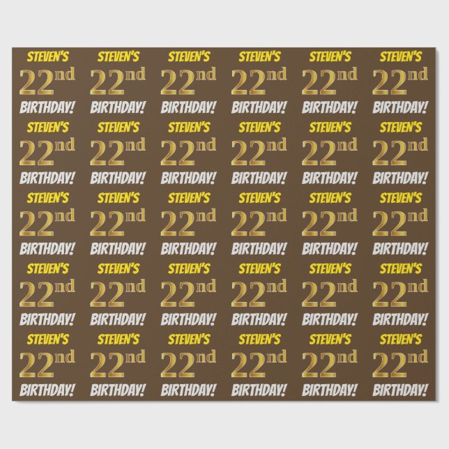 Papier Cadeau Brown, Faux/Imitation Gold, "22e anniversaire" (Plat)