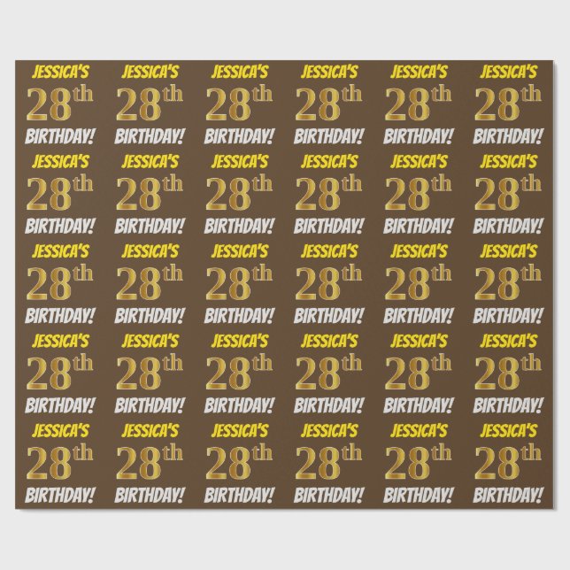 Papier Cadeau Brown, Faux/Imitation Gold, "28e ANNIVERSAIRE" (Plat)