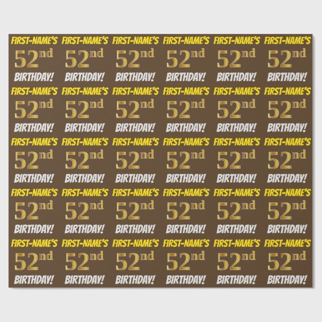 Papier Cadeau Brown, Faux/Imitation Gold, "52e ANNIVERSAIRE" (Plat)