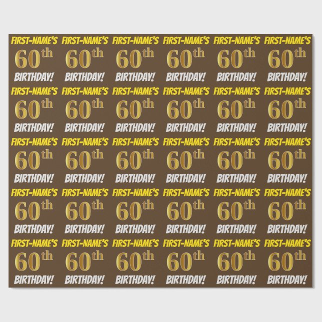 Papier Cadeau Brown, Faux/Imitation Gold, "60e ANNIVERSAIRE" (Plat)