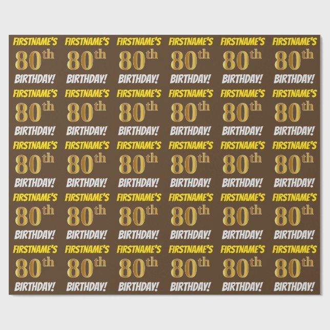 Papier Cadeau Brown, Faux/Imitation Gold, "80e ANNIVERSAIRE" (Plat)