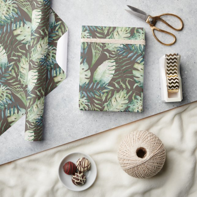 Papier Cadeau Brown Feuilles verts tropicaux (Artisanat)