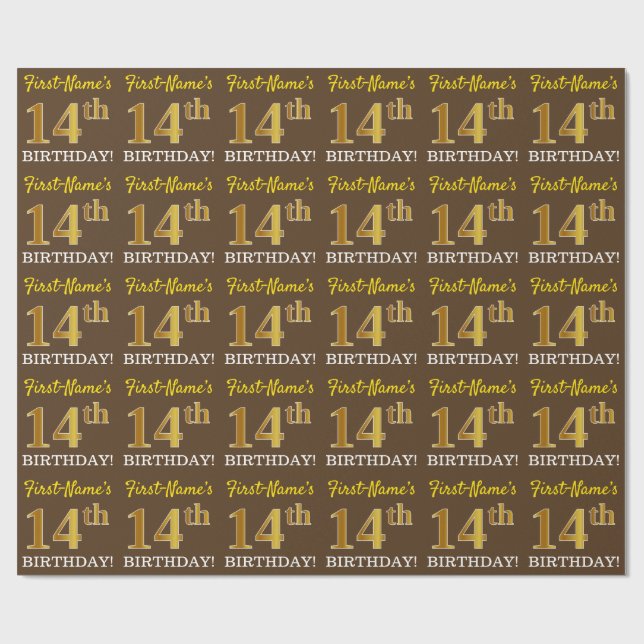 Papier Cadeau Brown, Imitation Gold Look "14e anniversaire" (Plat)