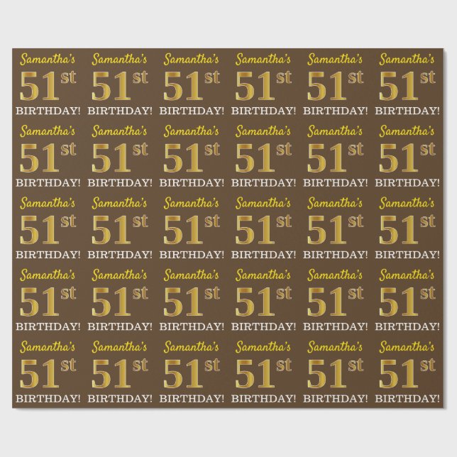 Papier Cadeau Brown, Imitation Gold Look "51ème anniversaire" (Plat)
