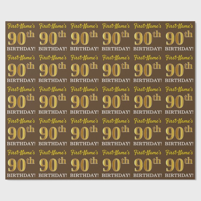 Papier Cadeau Brown, Imitation Gold Look "90e anniversaire" (Plat)