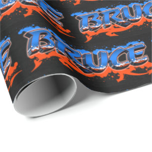 Papier Cadeau Bruce prénom Graffiti blue orange