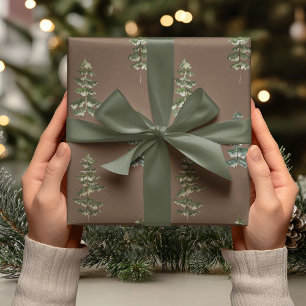 Papier Cadeau Brun rustique à motif de sapin à l'aquarelle