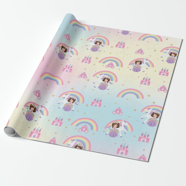 Papier Cadeau Brunette Princess et Unicorn Rainbow Birthday (Déroulé)