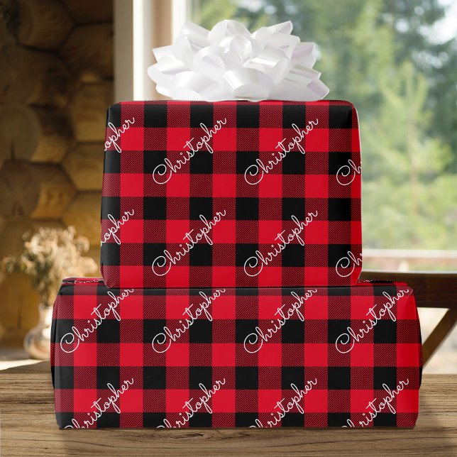 Papier Cadeau Buffalo de Noël Plaid Nom personnalisé Rouge rusti (Créateur téléchargé)