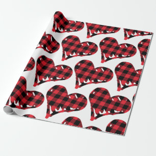 Papier Cadeau Buffalo Plaid Black Red Hand Drawn Hearts