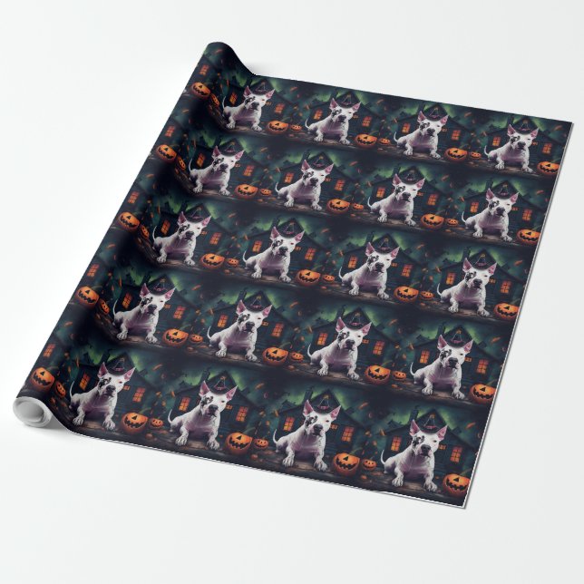 Papier Cadeau Bull Terrier Citrouille Halloween effroi (Déroulé)