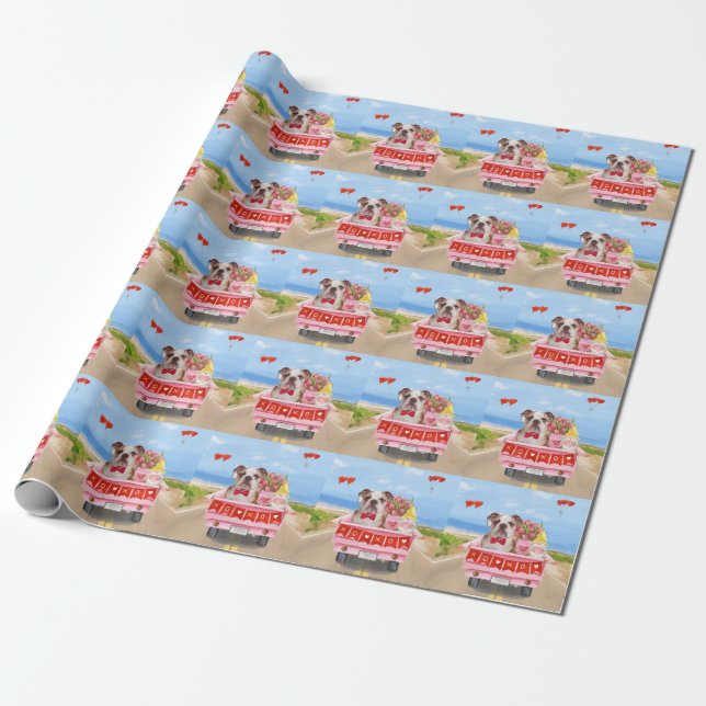 Papier Cadeau Bulldog anglais Saint-Valentin Coeurs de camion (Déroulé)