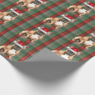 Papier Cadeau Bulldog français Noël Rouge Vert Carreaux de Noël