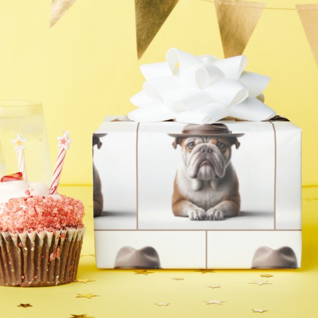 Papier Cadeau Bulldog portant une fedora (Fête d'anniversaire)
