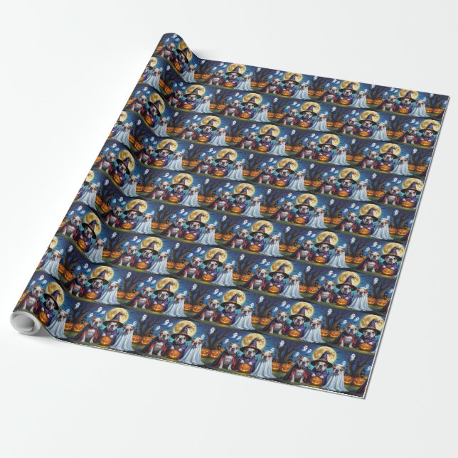 Papier Cadeau Bulldogs Citrouille Halloween drôle (Déroulé)