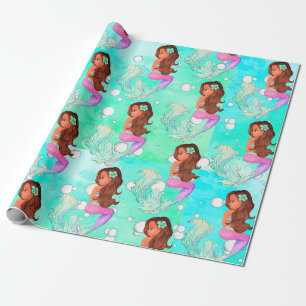 Papier Cadeau Bulles de sirène bleu rose foncé cheveux brillants