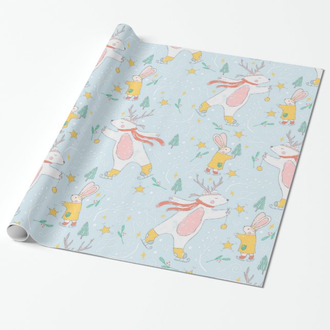Papier Cadeau Bunnies & Cerfs de Noël Motif sans couture (Déroulé)