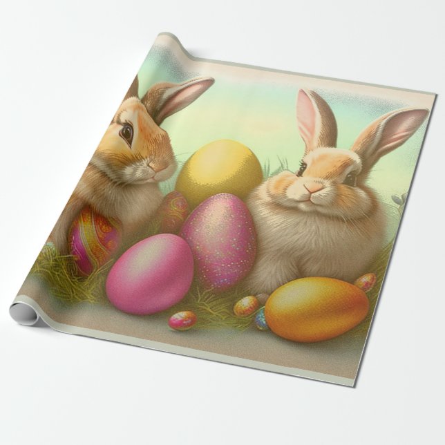Papier Cadeau Bunnies de Pâques sur la collection d'herbes (Déroulé)