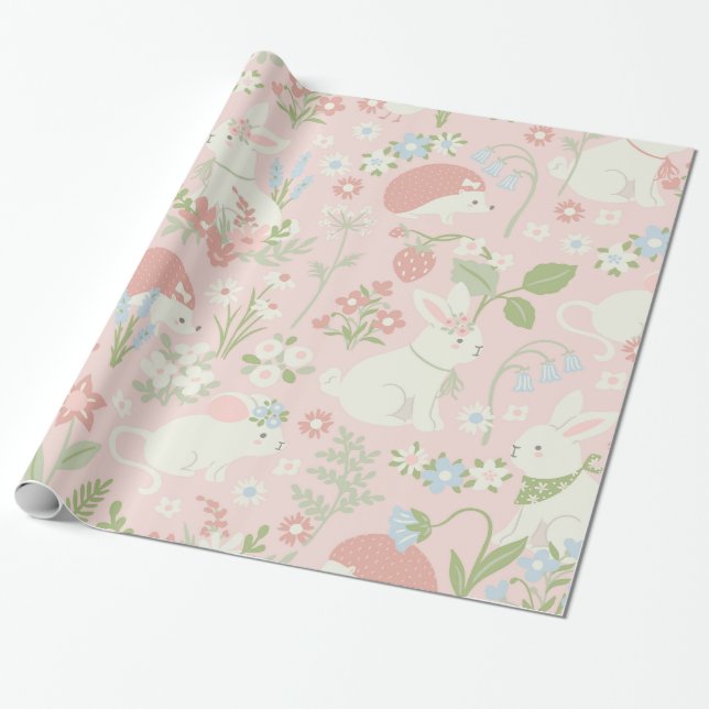Papier Cadeau Bunnies de printemps rose Floral (Déroulé)
