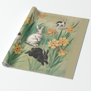 Papier Cadeau Bunnies mignons aux fleurs de jonquille Antique Pâ