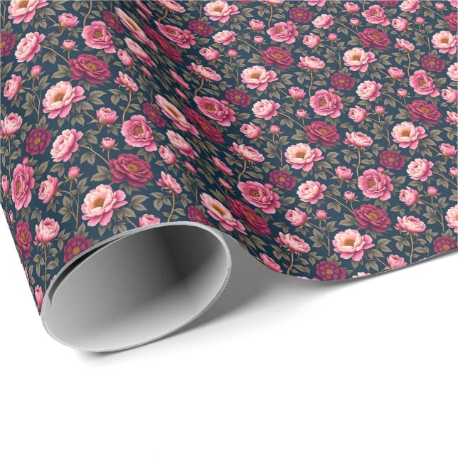 Papier Cadeau Burgundy and Pink Flowers (Coin rond)