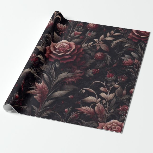 Papier cadeau Burgundy Blanc Rouge Floral (Déroulé)