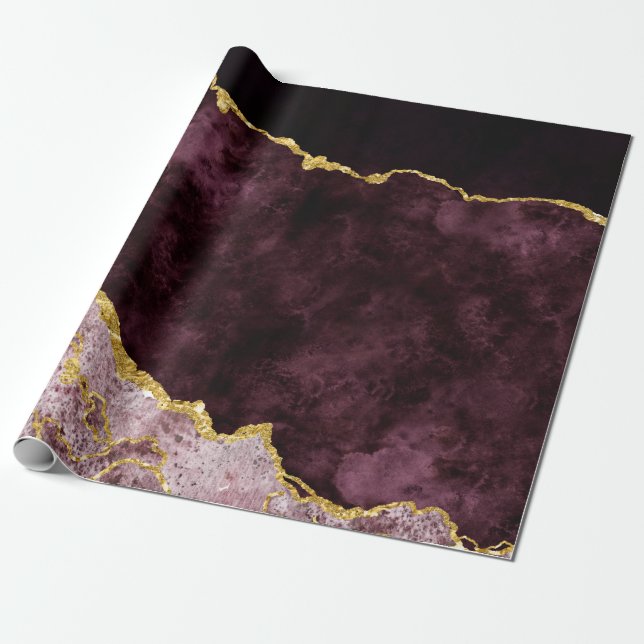 Papier Cadeau Burgundy Blush Or rose Foil Agitation Marbre Gilt (Déroulé)