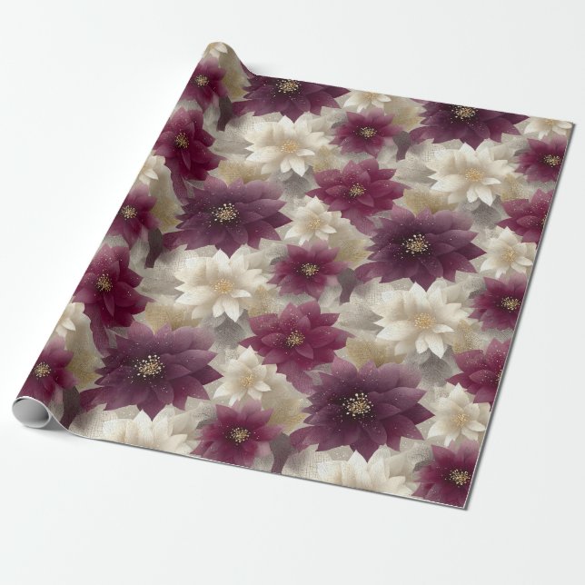 Papier Cadeau Burgundy Poinsettia Christmas Pattern (1) (Déroulé)