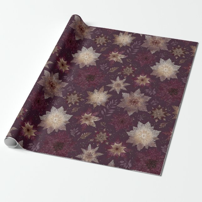 Papier Cadeau Burgundy Poinsettia Christmas Pattern (2) (Déroulé)