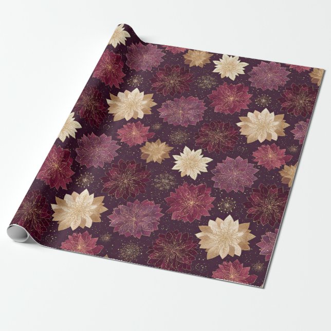 Papier Cadeau Burgundy Poinsettia Christmas Pattern (3) (Déroulé)